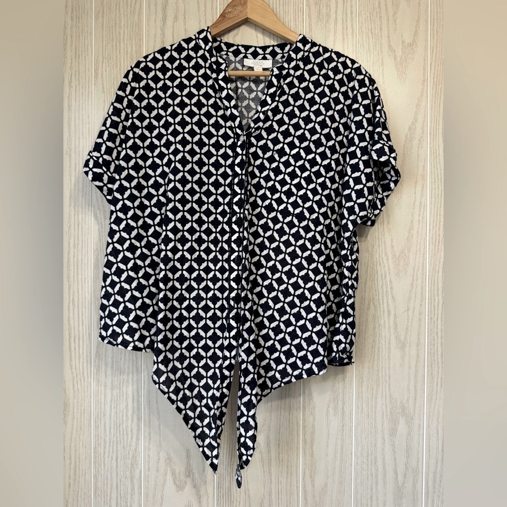 LINEN CHARTER CLUB BLACK PRINT TIE FRONT BLOUSE Size L EUC